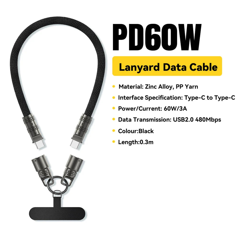 Essager 60W Type C To Type C Fast Charging Cable For iPhone 16 Xiaomi Huawei Lanyard Halter Neck Wrist Multifunctional Cable