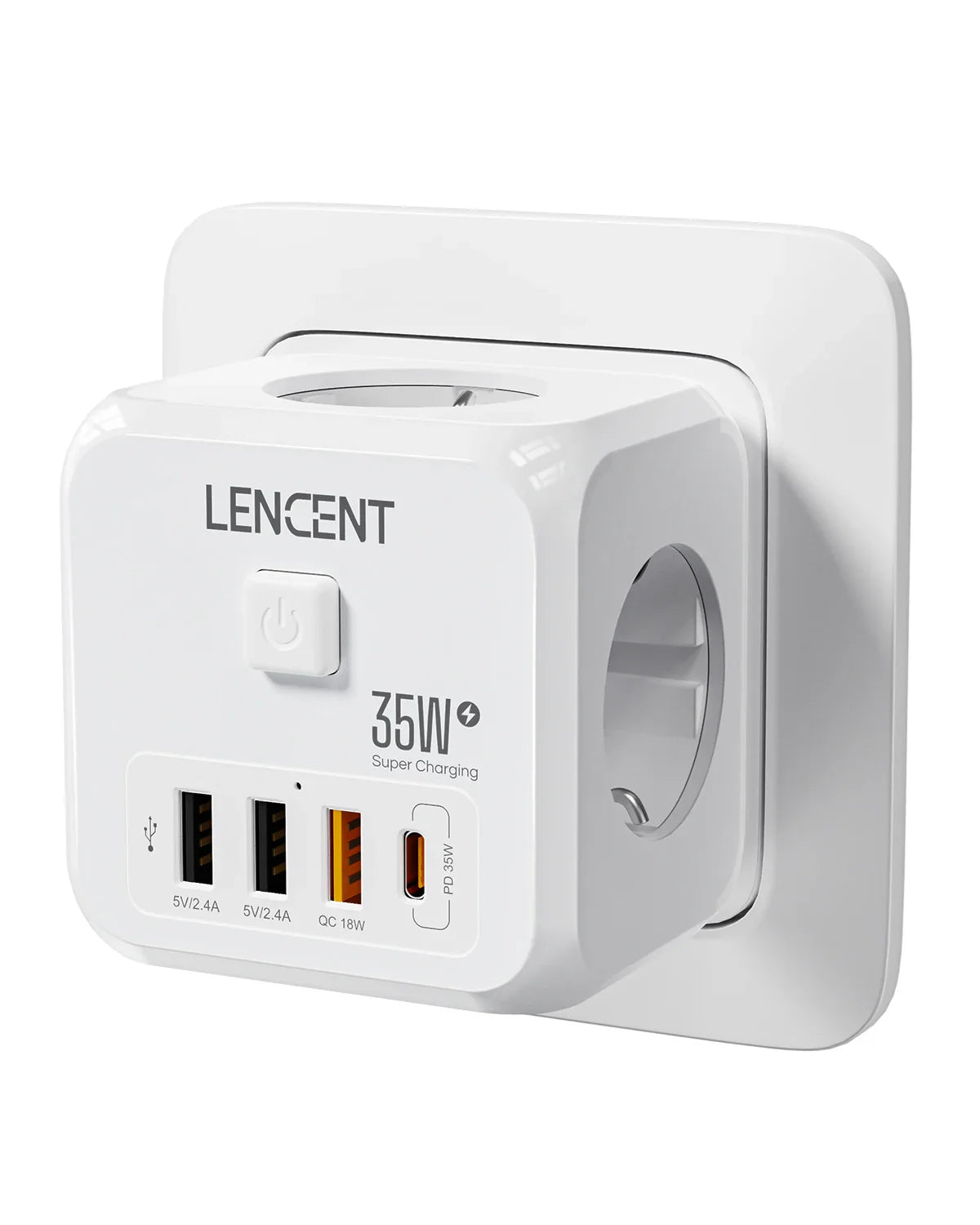 LENCENT EU Plug Power Strip Wall Socket with 3 AC+3 USB QC 18W +1 Type C PD 35W Fast Charger Adapter 7-in-1 Socket On/Off Switch