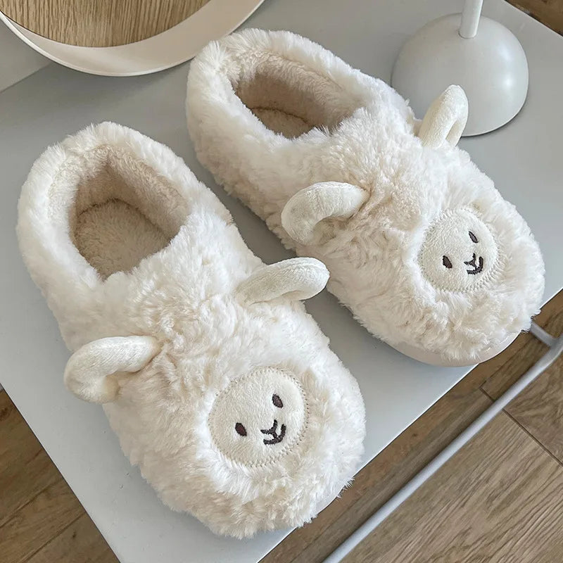 Women Home Fluffy Slippers Platform Anti Slip Comfortable Warm Shoes Cute Sheep Outdoor Couple Slippers Women Men Ladies Shoes