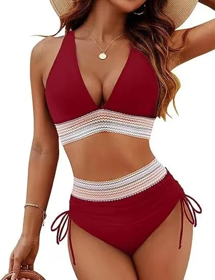 New 2025 Summer Beachwear Women Textured Bikini Set Wide Shoulder Belt Swimwear High Waist Push Up Bathing Suits Female Swimsuit