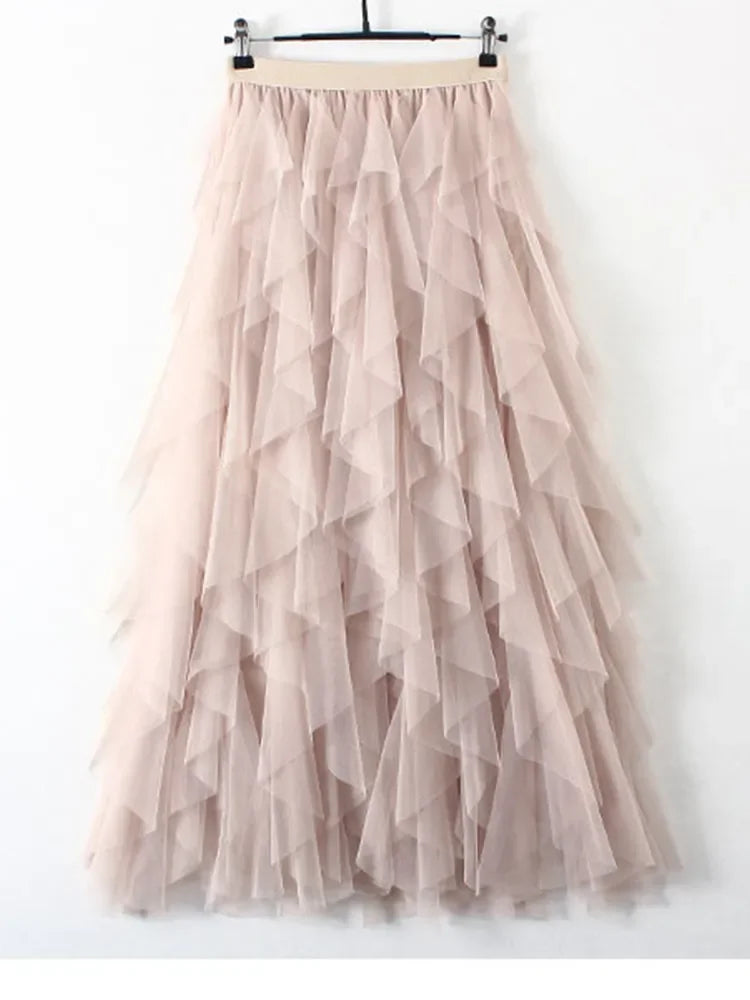 Tutu Tulle Long Maxi Skirt Women Fashion 2023 Korean Cute Pink High Waist Pleated Skirt Mesh Female Lady Aesthetic Faldas