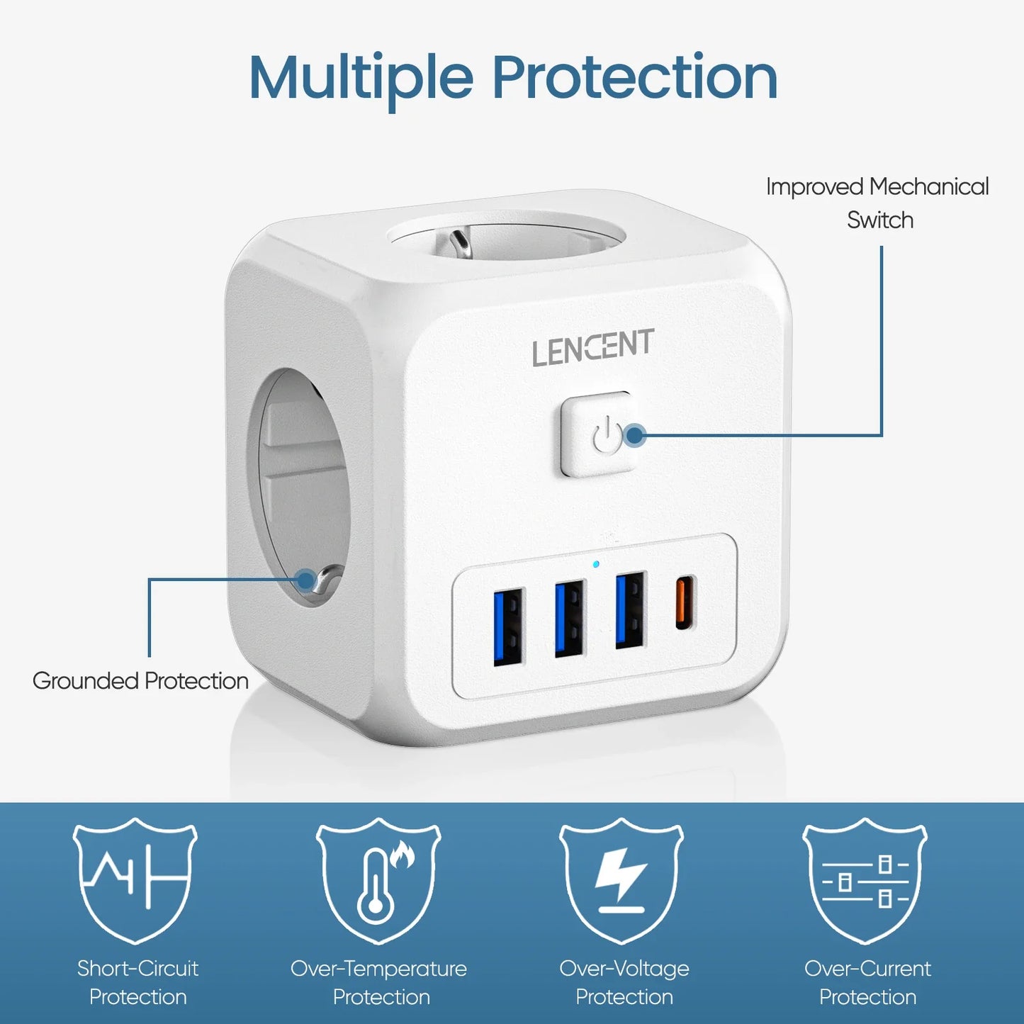 LENCENT EU Plug Power Strip Wall Socket with 3 AC+3 USB QC 18W +1 Type C PD 35W Fast Charger Adapter 7-in-1 Socket On/Off Switch
