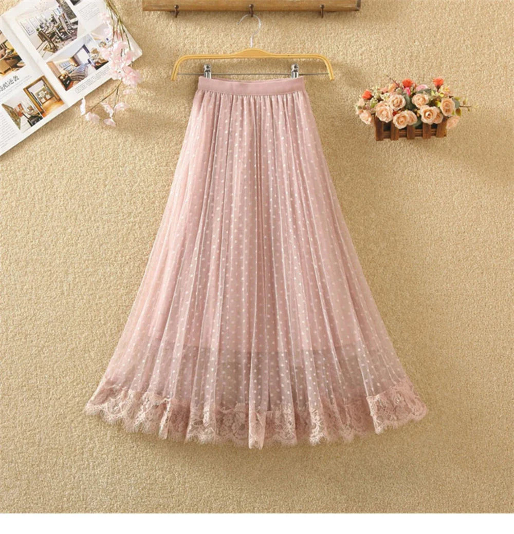 Tutu Tulle Long Maxi Skirt Women Fashion 2023 Korean Cute Pink High Waist Pleated Skirt Mesh Female Lady Aesthetic Faldas
