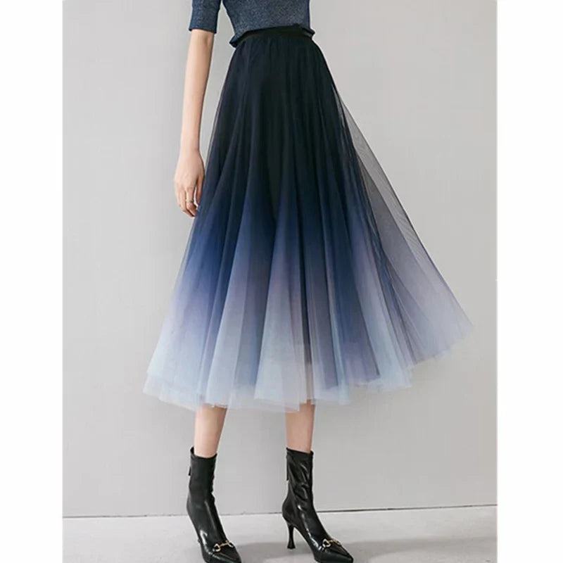 MEXZT Gradient Tulle Midi Skirt Women Elegant Mesh Pleated Skirts Summer Korean Fashion High Waist Casual All Match A Line Skirt