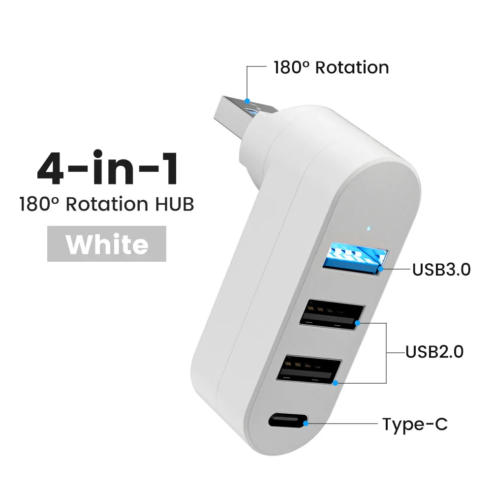 Elough Mini 180° Rotatable 4 Ports USB 3.0 2.0 Hub Type C High Speed Data Transfer U Disk Splitter Adapter For Laptop MacBook PC
