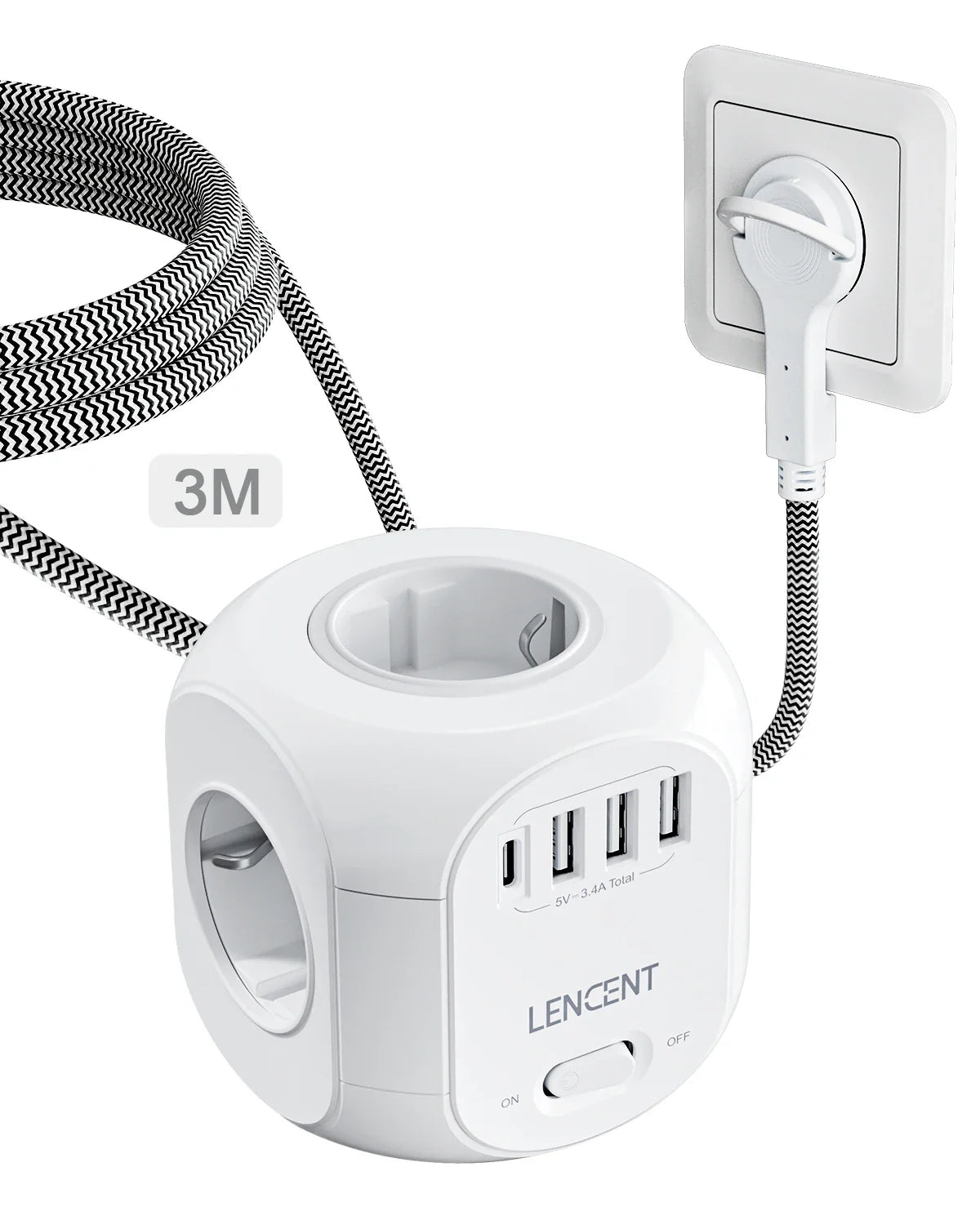LENCENT EU Plug Power Strip with 4 AC Outlets 3 USB Port 1 Type C 2M/3M Braided Cable Multi Socket with Switch for Home