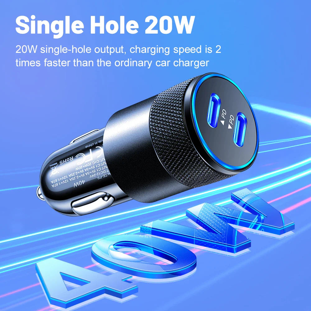 40W Dual PD Car Charger Adapter Fast Charging Type USB C Quick Charger in Car Mobile Phone for iPhone15 Pro Max Xiaomi 14 Huawei