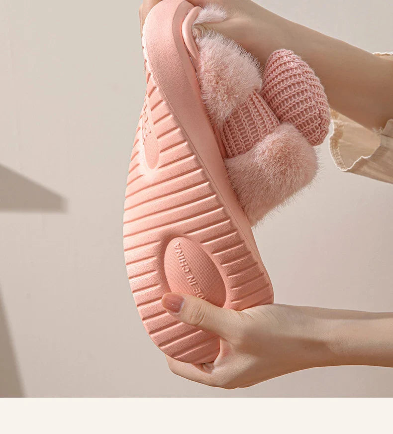 Women Fashion Plush Warm Bows Cotton Slippers Couple Winter New Thick Soft Sole Slides Men Indoor Floor Flat Home Non-slip Shoes