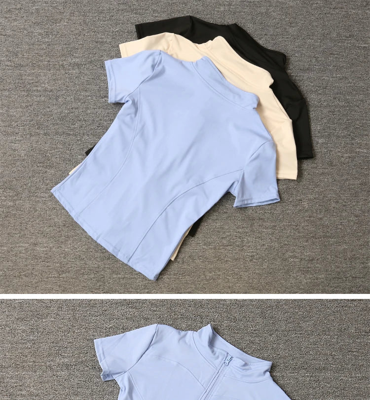 Summer High Quality Waist Slimming Training Tops Women's Quick-drying Tight Stand Collar Full Zipper Short Sleeves Yoga shirts