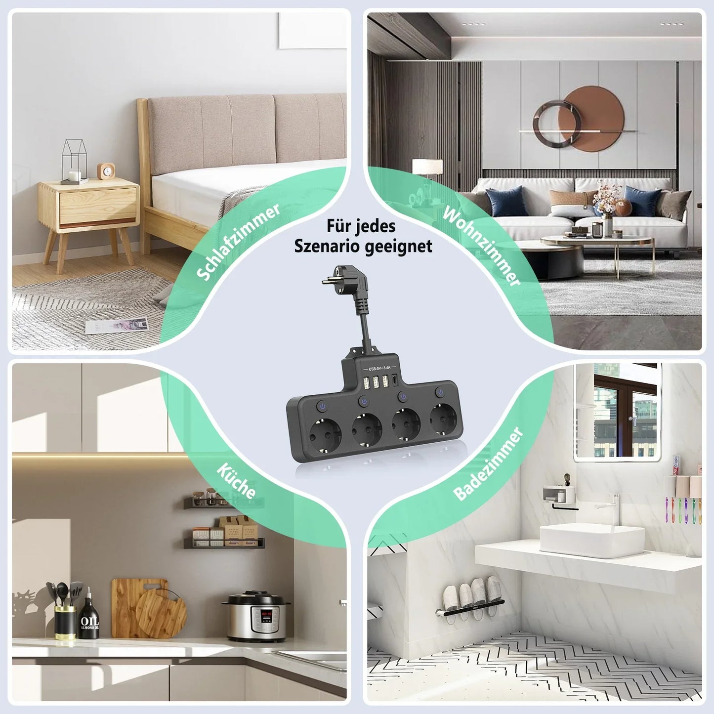 European plug power strip multi-contact socket with 3 USB and 1Type-C ports household power socket with switch surge protector