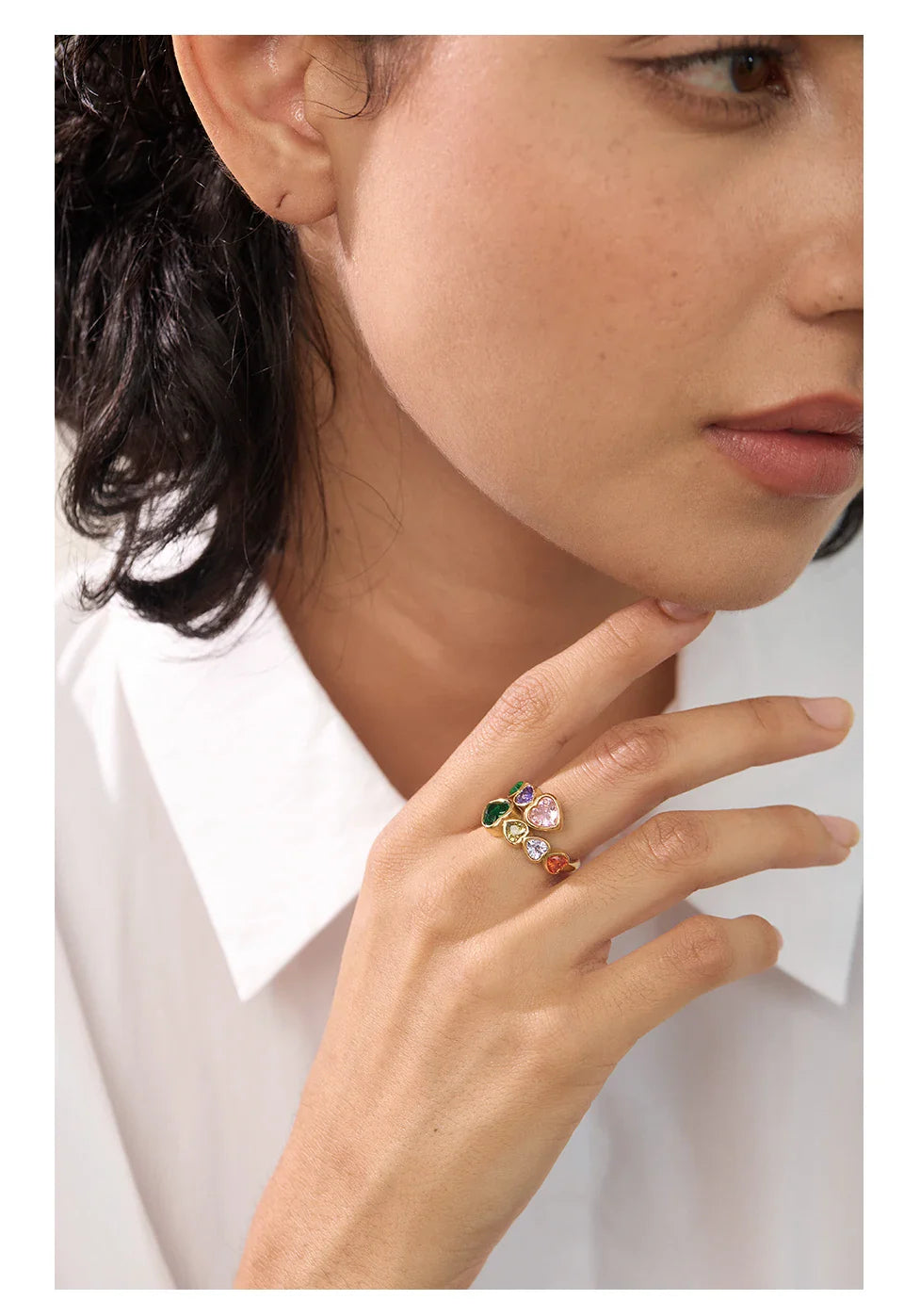 Yhpup Delicate Cubic Zirconia Heart Stainless Steel Gold Color Adjustable Fashion Open Ring High Quality Chic Charm Jewelry