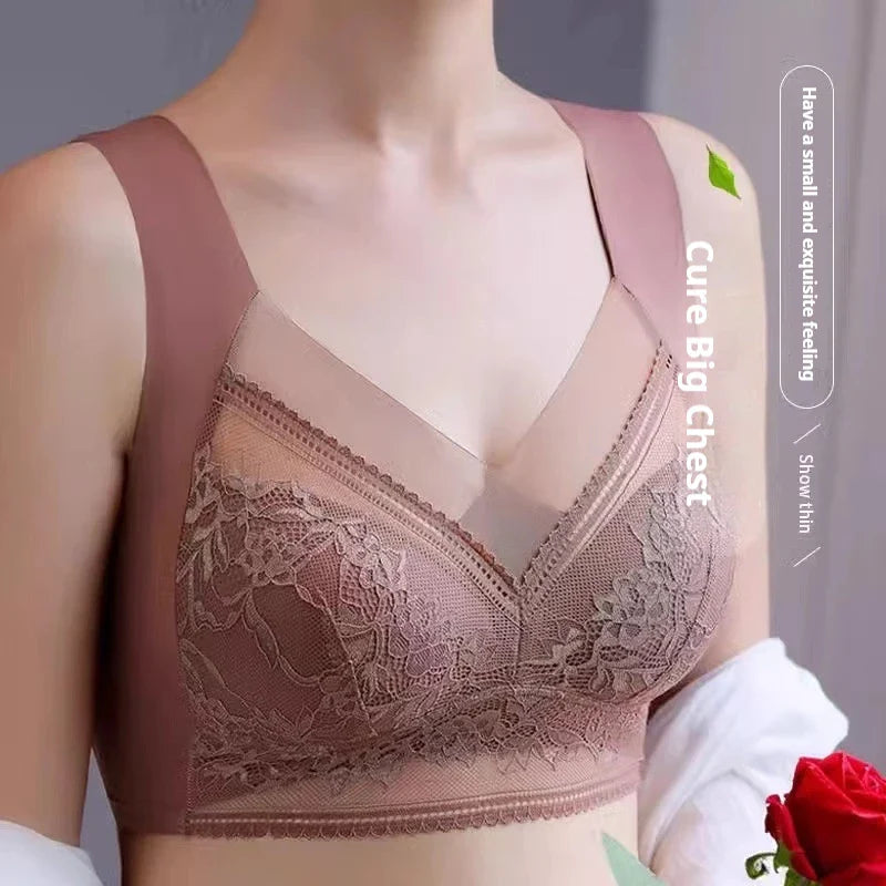 Sexy Lace Bras for Women Perspective Full Cup Solid Color Brassiere V-Neck Seamless Crop Top Female Push Up Breathable Lingerie
