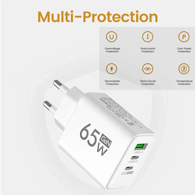 GaN Charger USB C PD Type C Quick Charge Mobile Phone Fast Charging Wall Adapter for iPhone 15 Xiaomi 14 Huawei 60 Portable