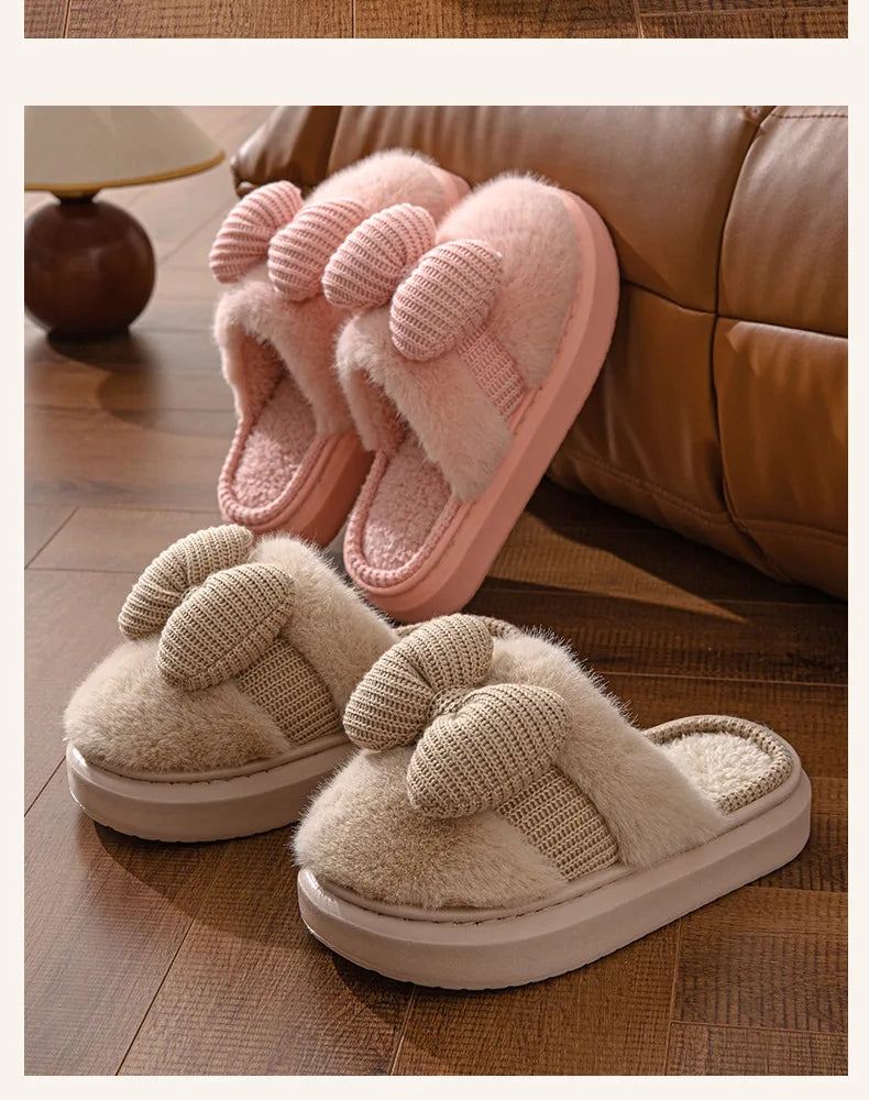 Women Fashion Plush Warm Bows Cotton Slippers Couple Winter New Thick Soft Sole Slides Men Indoor Floor Flat Home Non-slip Shoes