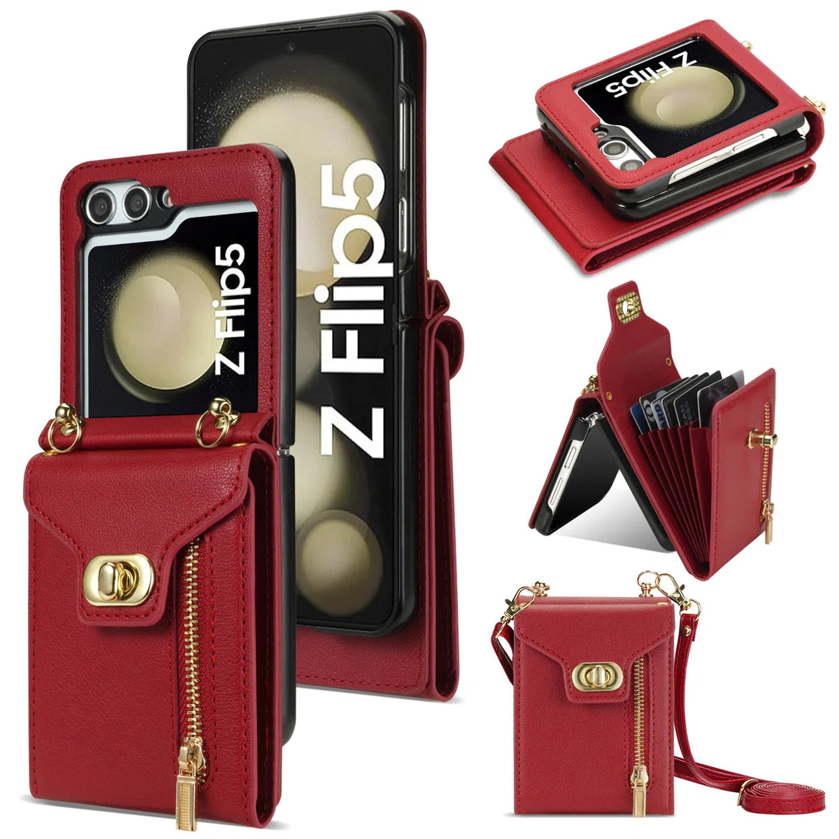 Zipper Wallet Crossbody Phone Case for Samsung Galaxy Z Flip 6 5 4 3 Flip6 Flip5 Flip4 Flip3 5G with Card Holder Leather Cover