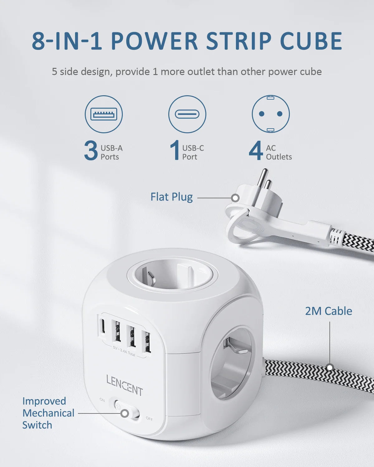 LENCENT EU Plug Power Strip with 4 AC Outlets 3 USB Port 1 Type C 2M/3M Braided Cable Multi Socket with Switch for Home