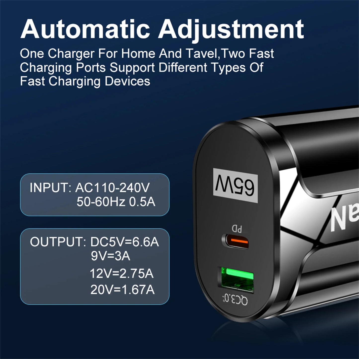 GaN 65W PD USB Type C Charger Mobile Phone Quick Charge Type C Wall Charger For iPhone Xiaomi Samsung Huawei EU/US Plug Charger