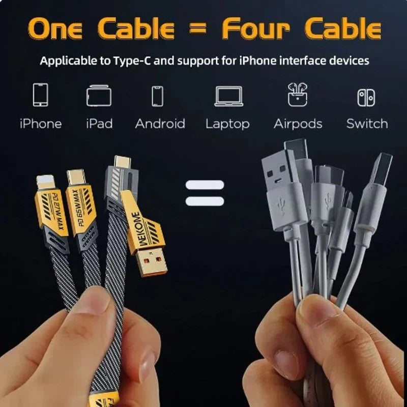 Four-in-one Multi-function Data Cable, USB-A/IPH/TYPE-C Port Conversion, Suitable for Charging Various Mobile Phone Models.