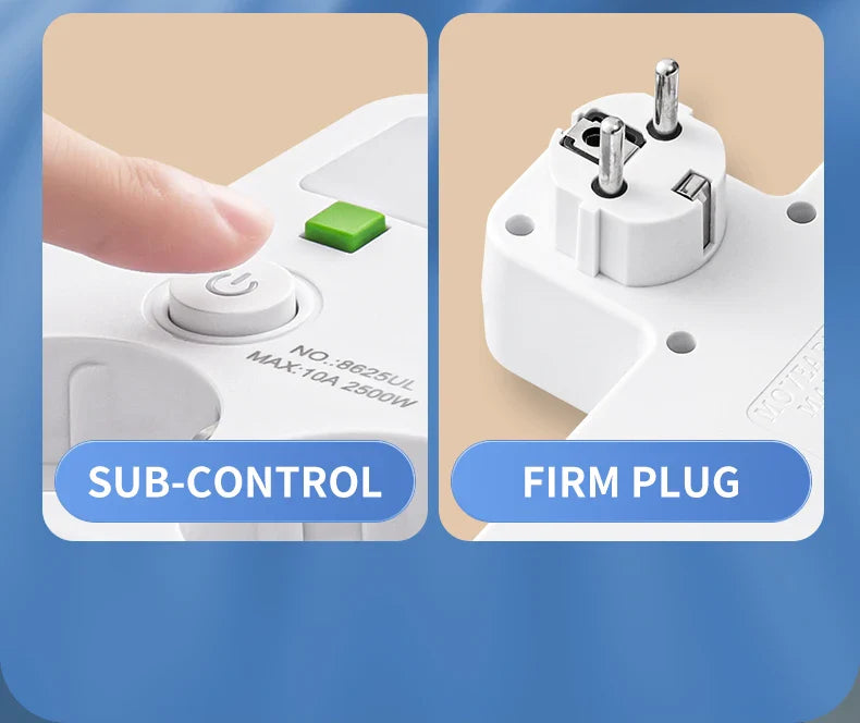 EU Plug Power Strip with 3 AC Outlets +2 USB Ports+ 1 Type C, 6-in-1 Plug Socket Adapter Wall Charger for Home Office