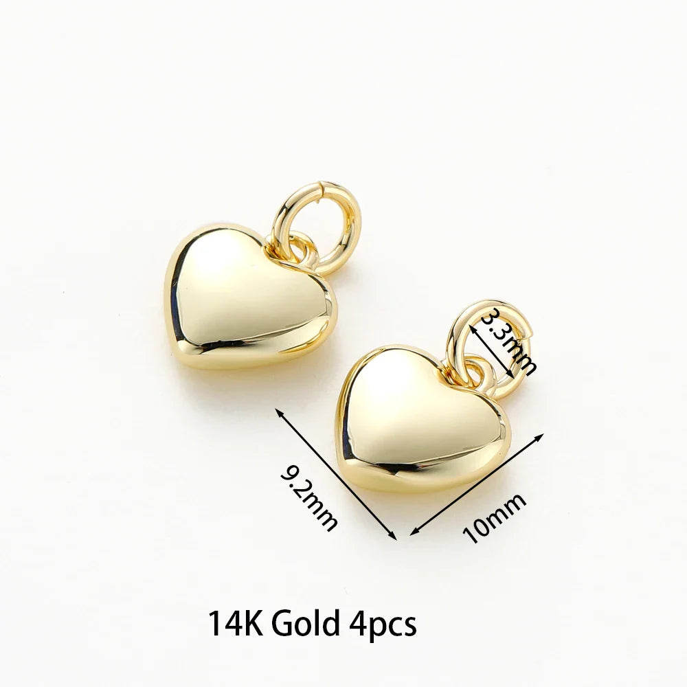 4pcs/lot 14K 18K Gold Plated Heart Charm with Jump Ring Necklace Making Supplies Solid Love Pendant For DIY Jewelry Accessories