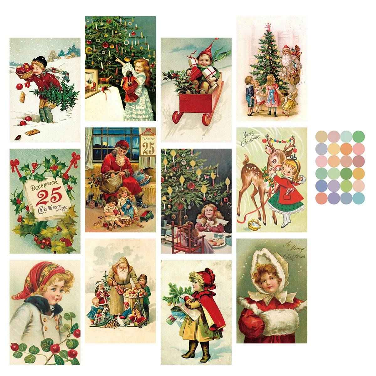 12pcs Vintage Christmas Greeting Cards Set Santa,Elk,Xmas Tree Postcard Set,Note Cards Small Card,Perfect Vintage Christmas Gift