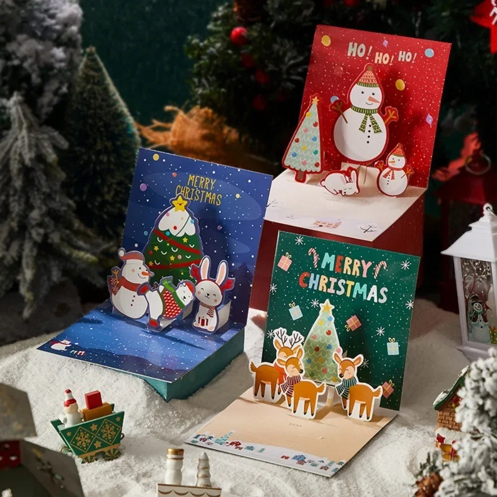 5/1PCS 3D Pop UP Christmas Greeting Cards with Envelope Friend Family Blessing Postcard Birthday New Year Christmas Decoration