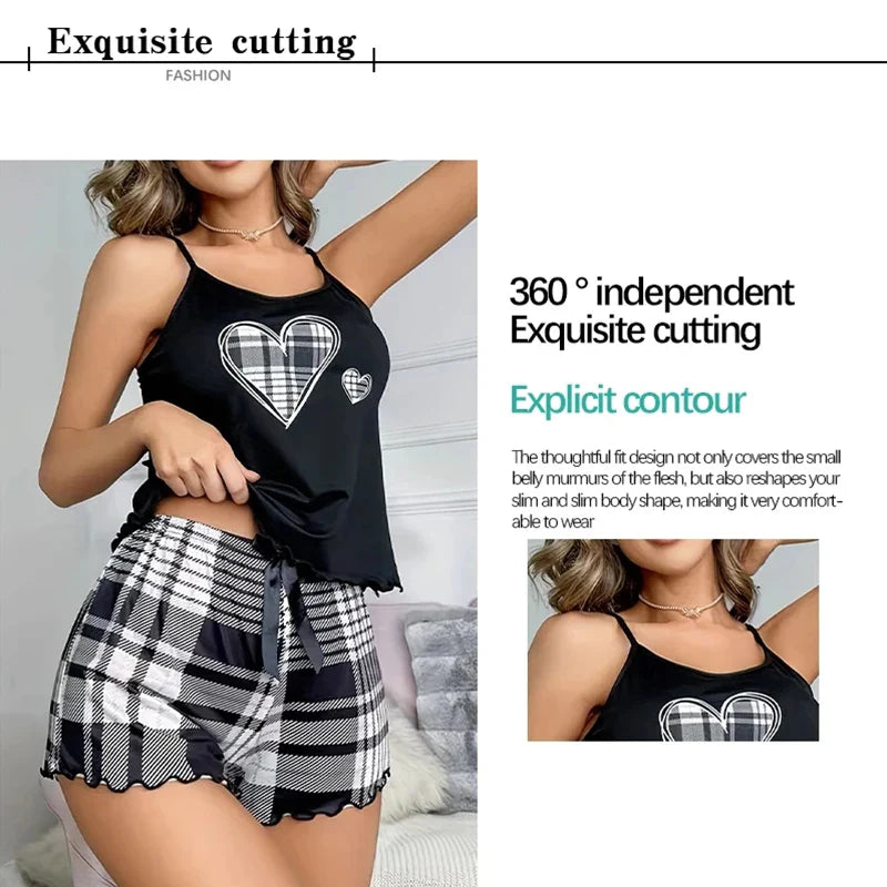 Women's new pajama suspender solid color top plaid shorts two-piece set of home wear