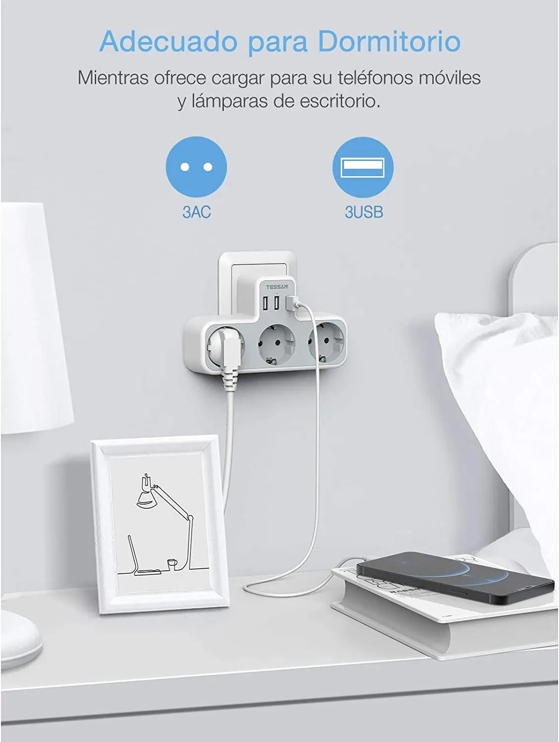 TESSAN EU Plug Power Strip with 3 AC Outlets +3 USB Ports, 6 In 1 Wall Charger Power Socket Adapter Overload Protection for Home
