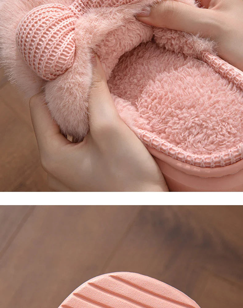 Women Fashion Plush Warm Bows Cotton Slippers Couple Winter New Thick Soft Sole Slides Men Indoor Floor Flat Home Non-slip Shoes