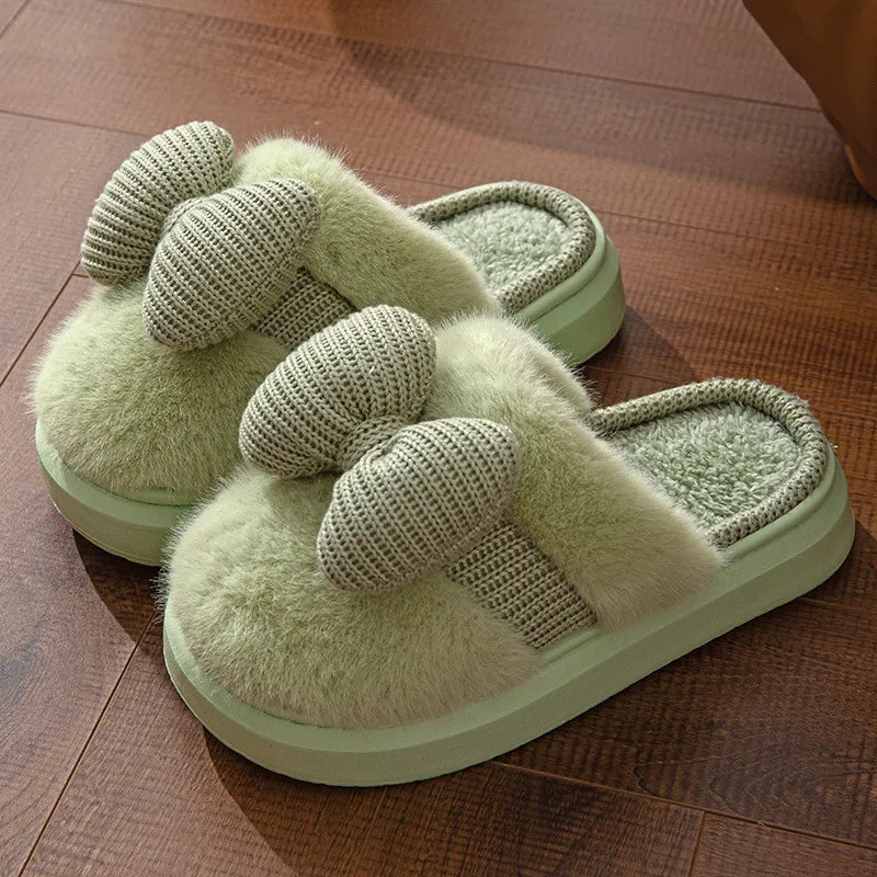 Women Fashion Plush Warm Bows Cotton Slippers Couple Winter New Thick Soft Sole Slides Men Indoor Floor Flat Home Non-slip Shoes