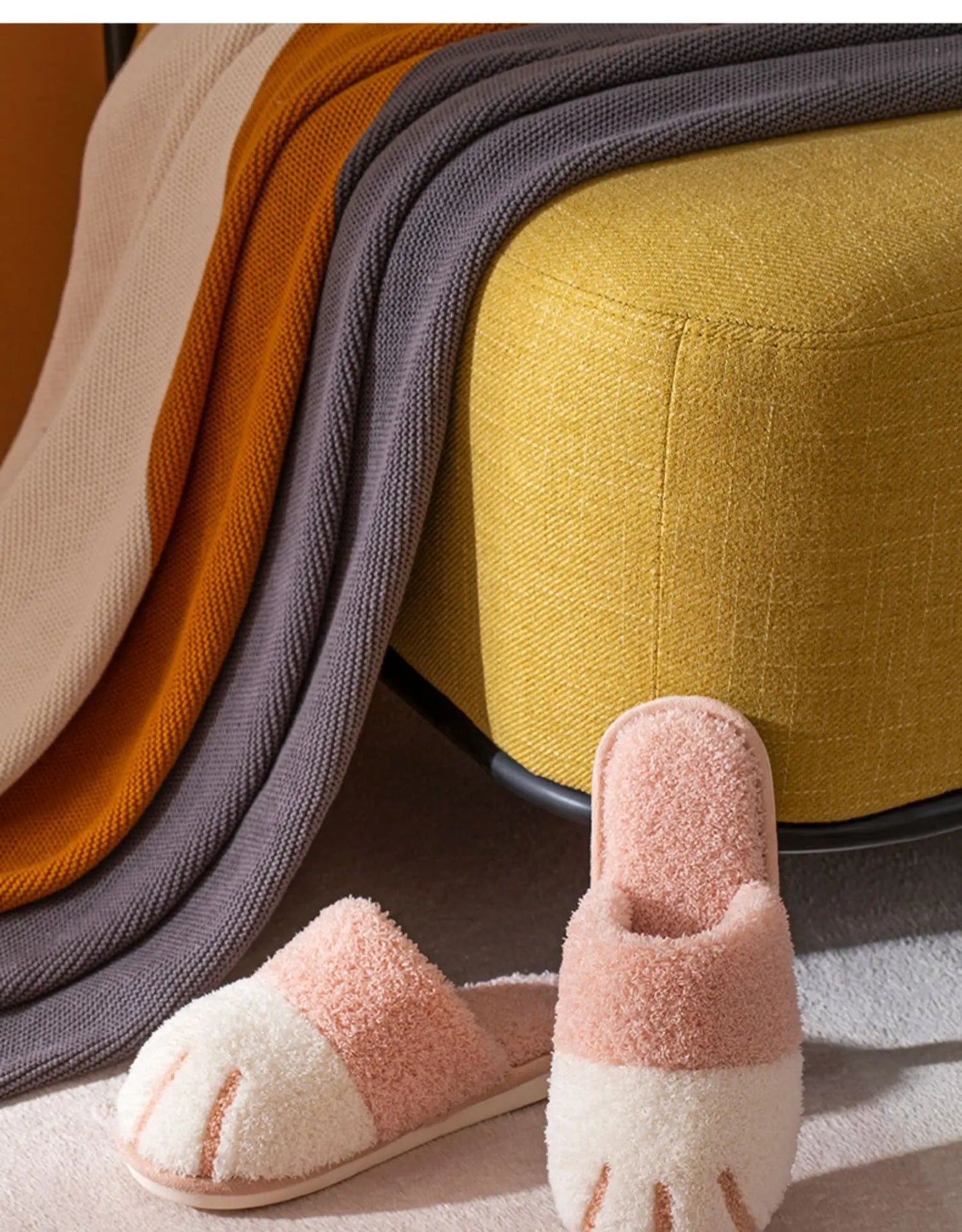 Shevalues Indoor Warm Plush Slippers For Women Men Cute Cat Paw Design House Fur Slippers Mute Flats Slides Indoor Fluffy Shoes