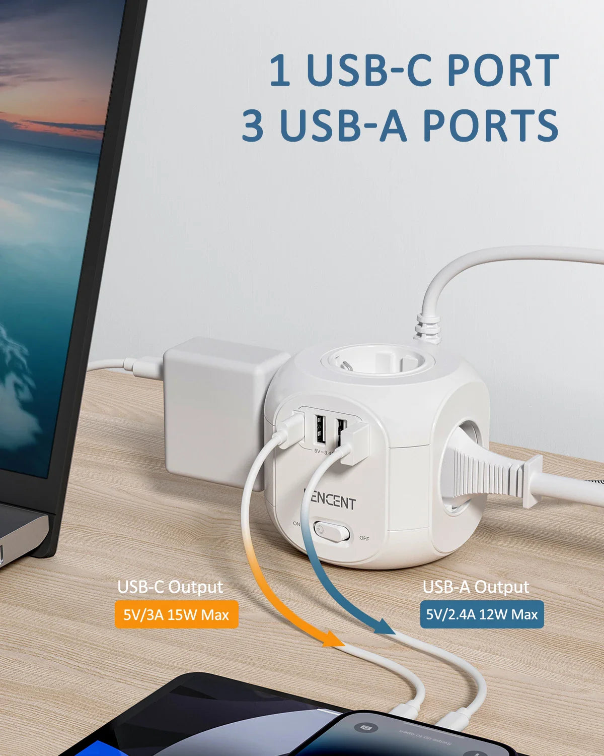 LENCENT EU Plug Power Strip with 4 AC Outlets 3 USB Port 1 Type C 2M/3M Braided Cable Multi Socket with Switch for Home