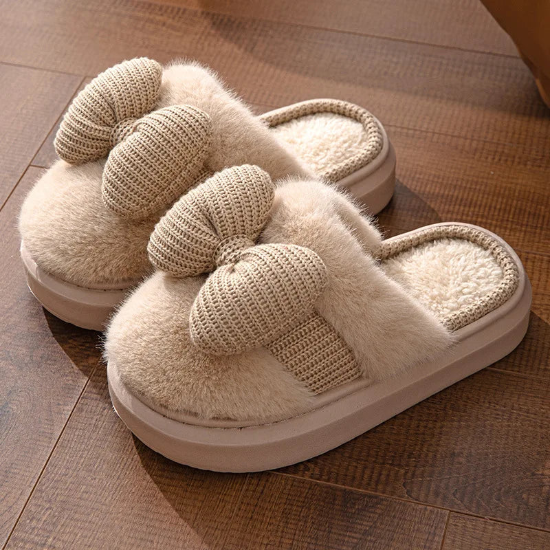 Women Fashion Plush Warm Bows Cotton Slippers Couple Winter New Thick Soft Sole Slides Men Indoor Floor Flat Home Non-slip Shoes
