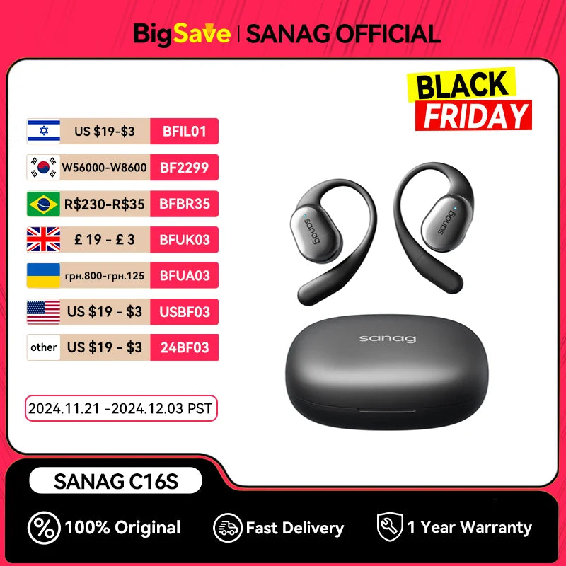 #Sanag C16S Bluetooth 5.4 Wireless Headphones Open Ear OWS Earphones HiFi Sound Headset APP Control TWS Earbuds 8 Hours Playback