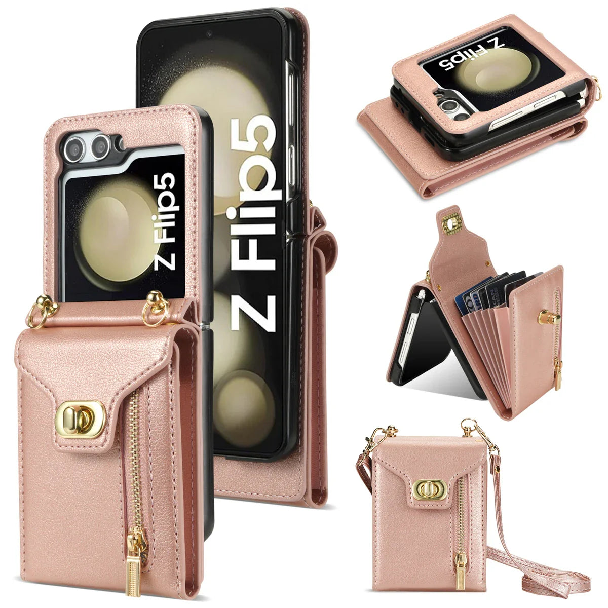 Zipper Wallet Crossbody Phone Case for Samsung Galaxy Z Flip 6 5 4 3 Flip6 Flip5 Flip4 Flip3 5G with Card Holder Leather Cover