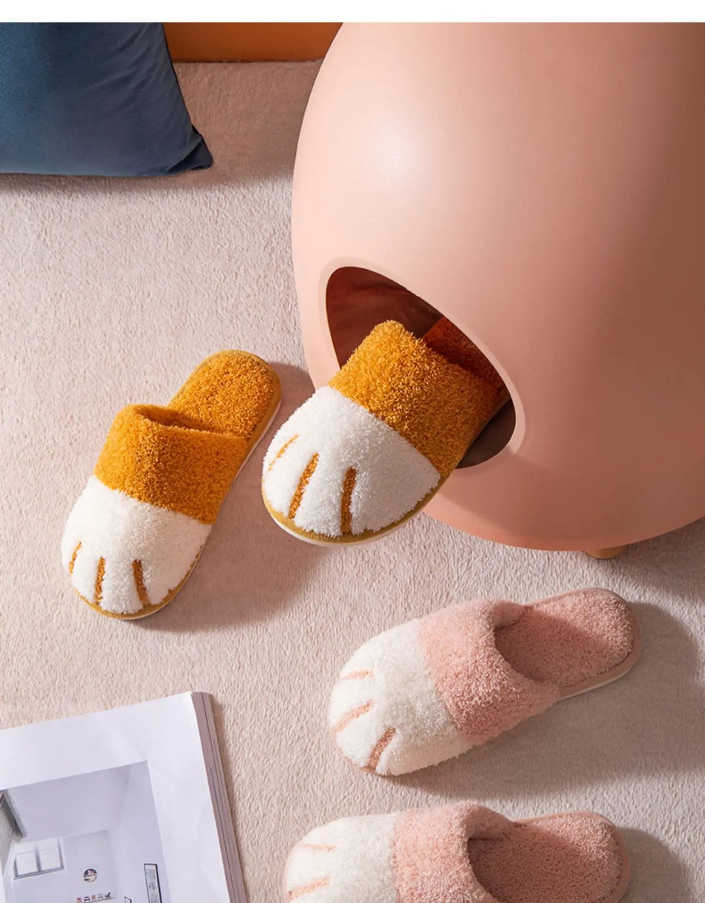 Shevalues Indoor Warm Plush Slippers For Women Men Cute Cat Paw Design House Fur Slippers Mute Flats Slides Indoor Fluffy Shoes