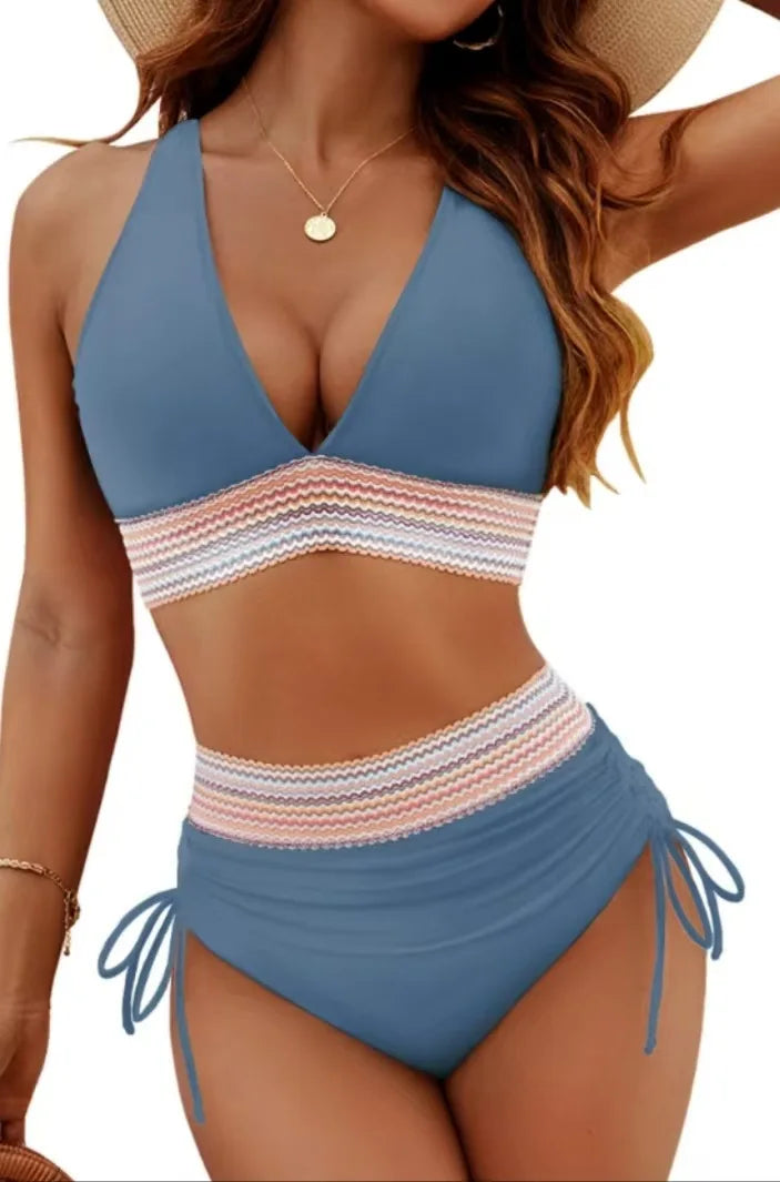 New 2025 Summer Beachwear Women Textured Bikini Set Wide Shoulder Belt Swimwear High Waist Push Up Bathing Suits Female Swimsuit