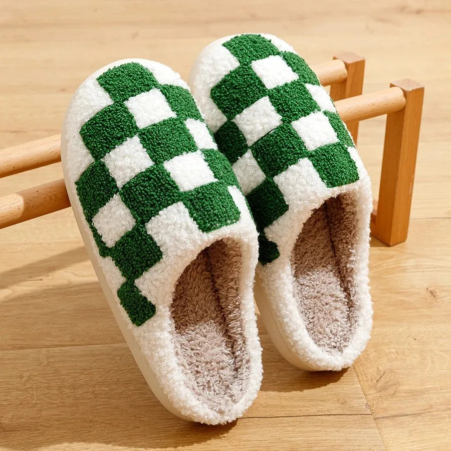 Winter Fuzzy Slippers Fashion Checker Indoor Embroidery Houseshoes Cozy Woman Winter Fluffy House Retro Checkered Print Shoes