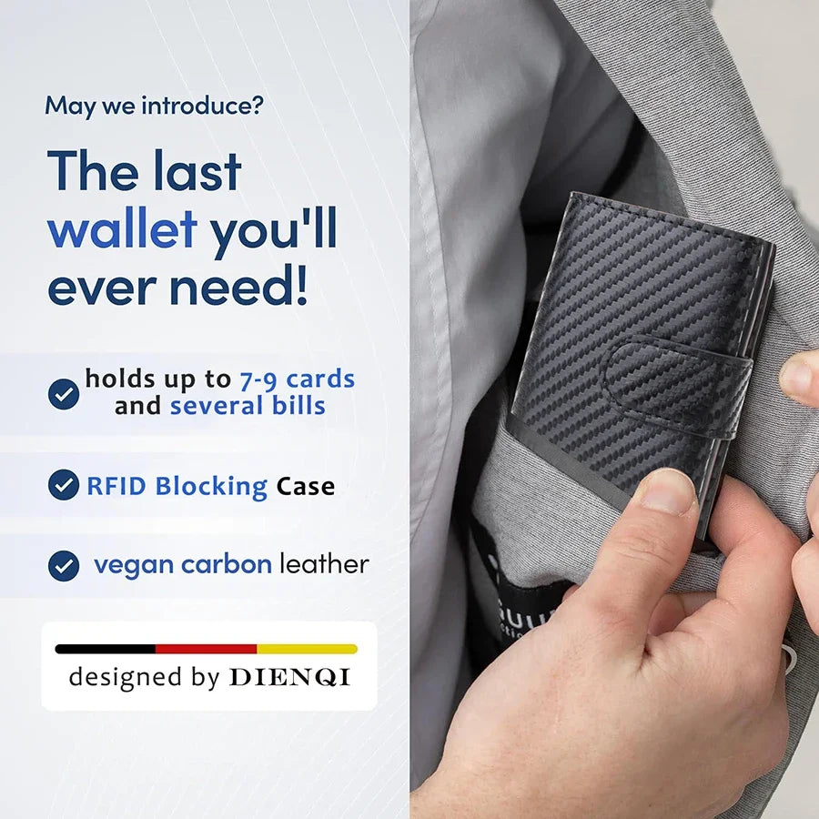 DIENQI Carbon Fiber Rfid Wallet Male Money Card Holder Pocket Mini Wallet Women Men Smart Purses Automatic Pop Up Valet Walet