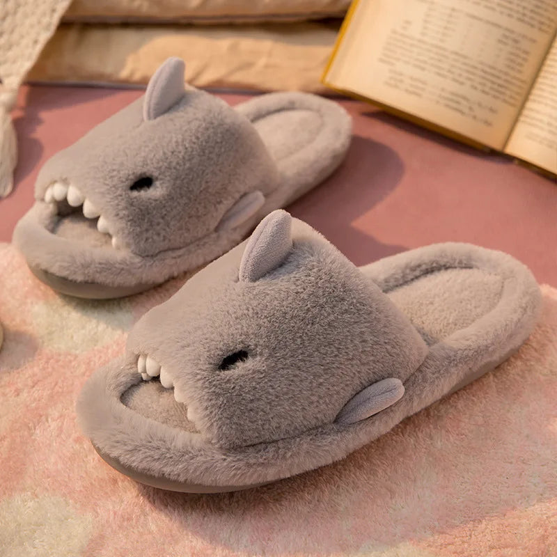 Comwarm Autumn And Winter Cartoon Shark Wool Slippers For Women Soft Home Men's Indoor Household Open Toe Plush Cotton Slippers