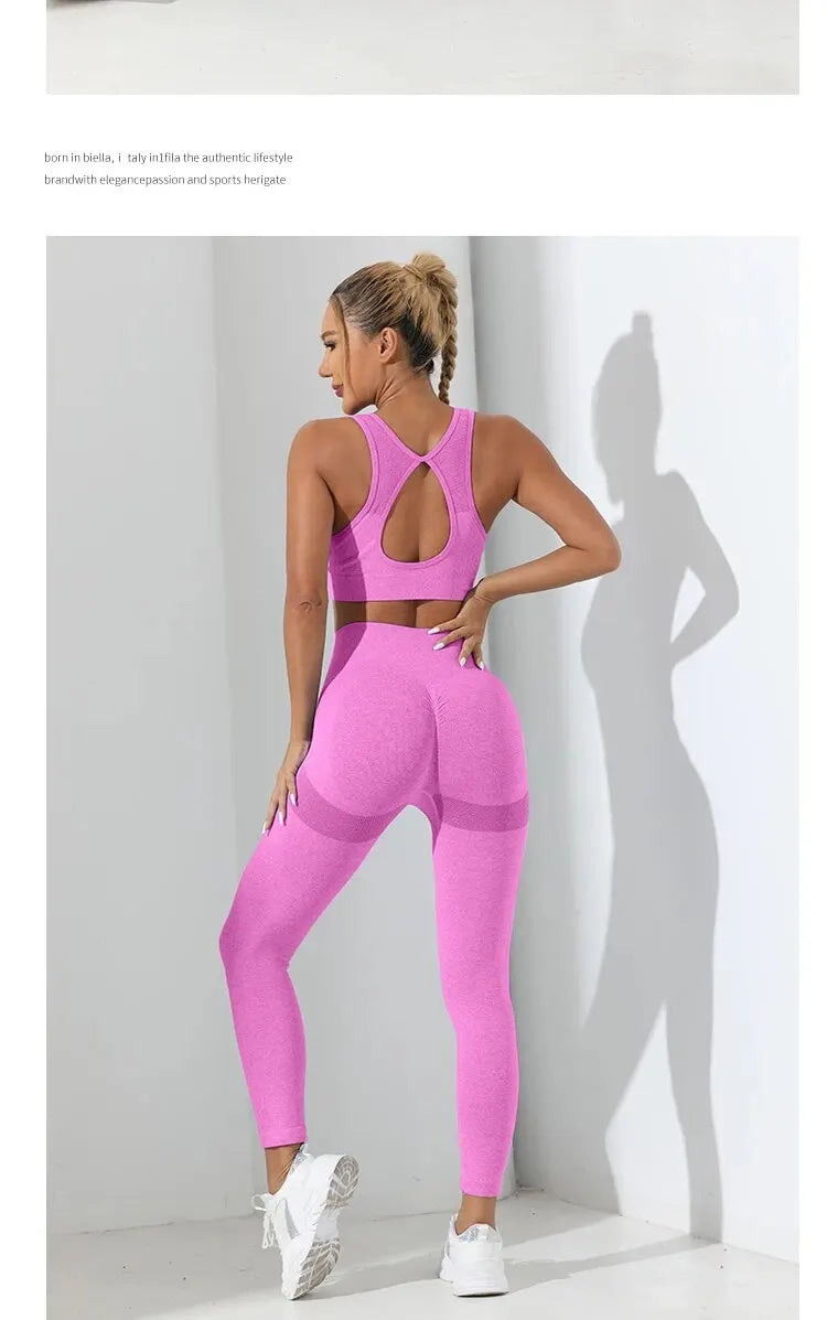 Yoga Basic 2pcs Seamless High Stretch Yoga Set Tracksuit Gym Set Crisscross Back Cami Hip-hugging Tummy Control Leggings