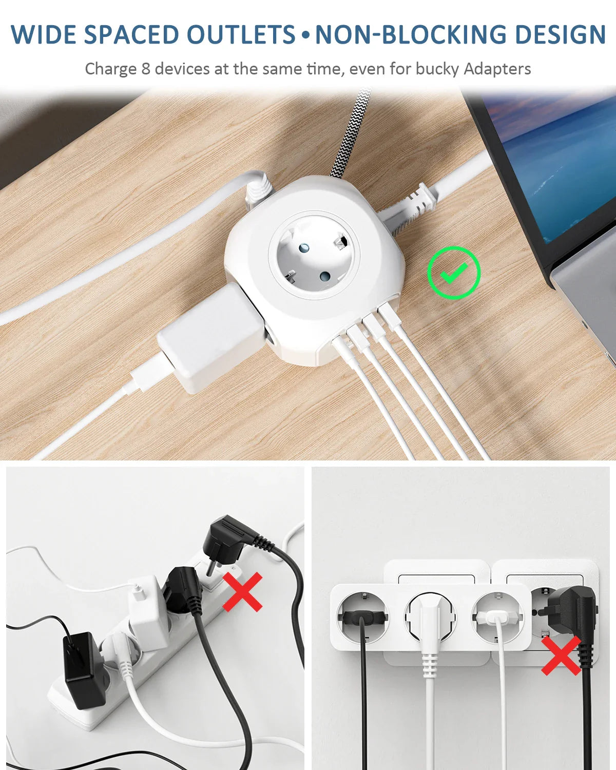 LENCENT EU Plug Power Strip with 4 AC Outlets 3 USB Port 1 Type C 2M/3M Braided Cable Multi Socket with Switch for Home