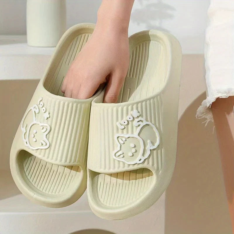 Fun Comfortable Women's SLippers Chic Cartoon Kawaii Cat Print Slides Slip-on Bathroom EVA Flat Heel Indoor Summer Fashion