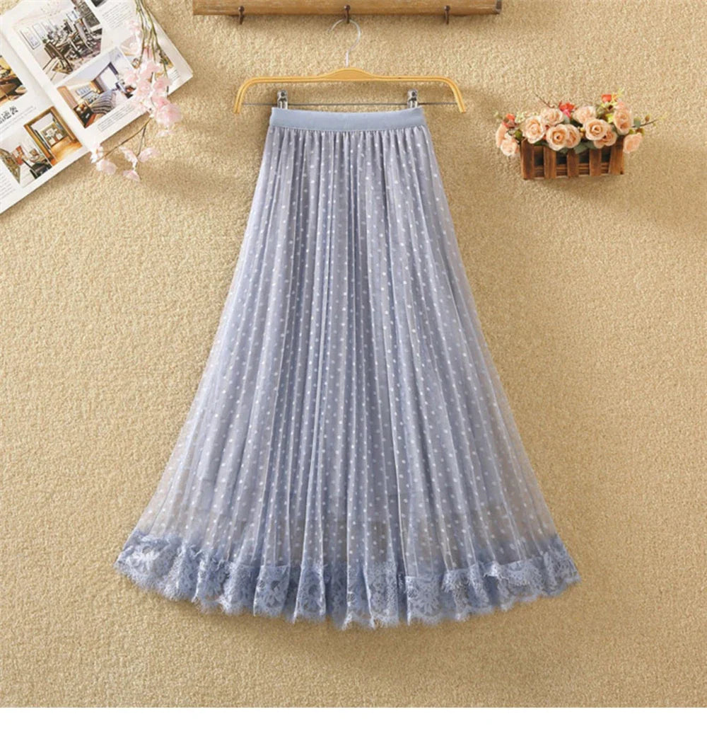 Tutu Tulle Long Maxi Skirt Women Fashion 2023 Korean Cute Pink High Waist Pleated Skirt Mesh Female Lady Aesthetic Faldas