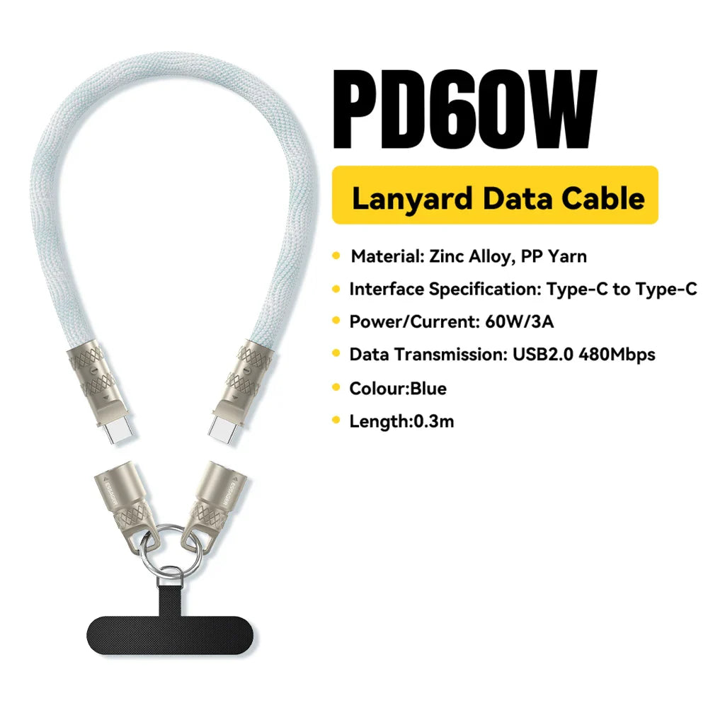 Essager 60W Type C To Type C Fast Charging Cable For iPhone 16 Xiaomi Huawei Lanyard Halter Neck Wrist Multifunctional Cable