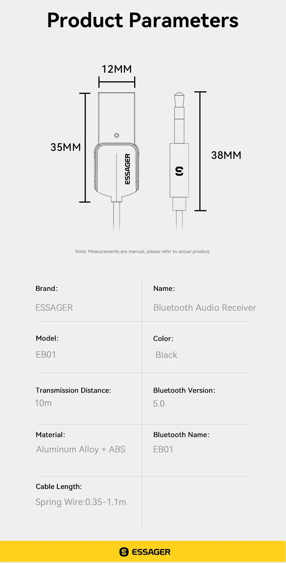 Essager USB Bluetooth 5.0 Receiver Aux Bluetooth Adapter For Car 3.5mm Jack Speaker Auto Handfree Car Audio Music Transmitter