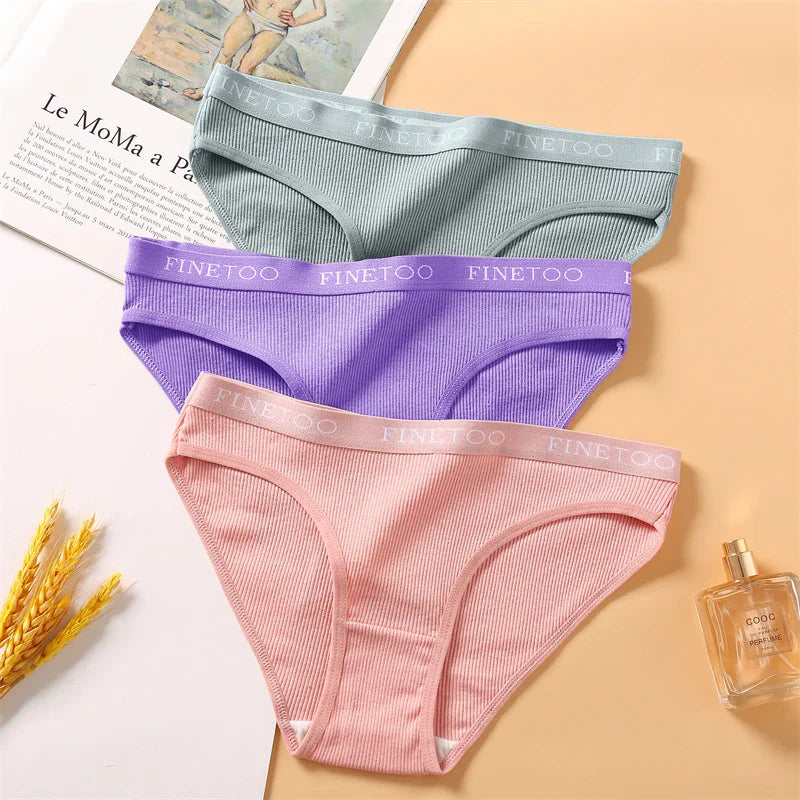 FINETOO 4Pcs Cotton Striped Underwear Women's Panties Letter Belt Briefs Ladies Low Waist Lingerie Solid Breathable Underpants