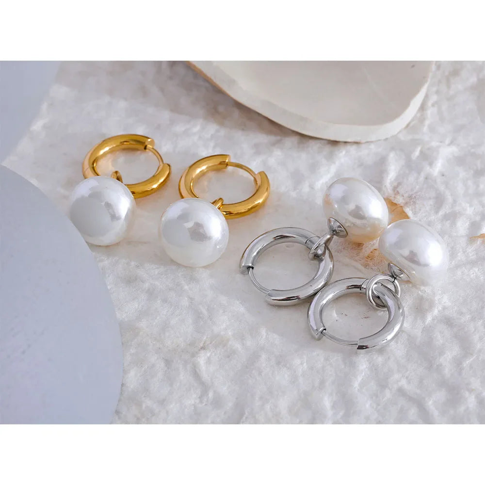Yhpup High Quality Imitation Pearls Drop Stainless Steel Golden Korean Hoop Earrings Charms Fashion Jewelry Bijoux Femme Gift