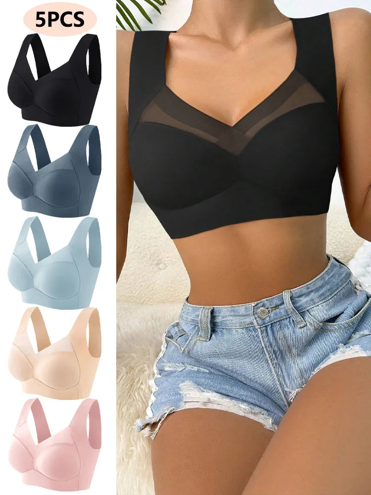 5PCS/Set Women Sexy Bras Full Cup Sports Top Soft Seamless Brassiere Lace Sexy Lingerie V Neck Intimates Underwear Plus Size Bra