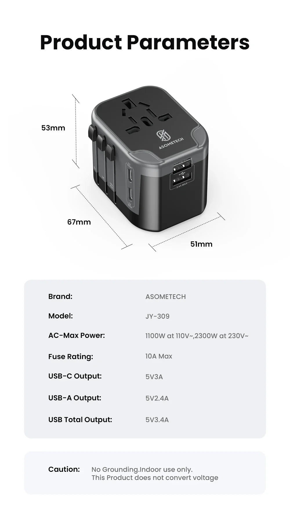 ASOMETECH International Travel Adapter USB Charger 2 USB and 2 Type C Port All-in-one Wall Charger for US EU UK AUS Travel